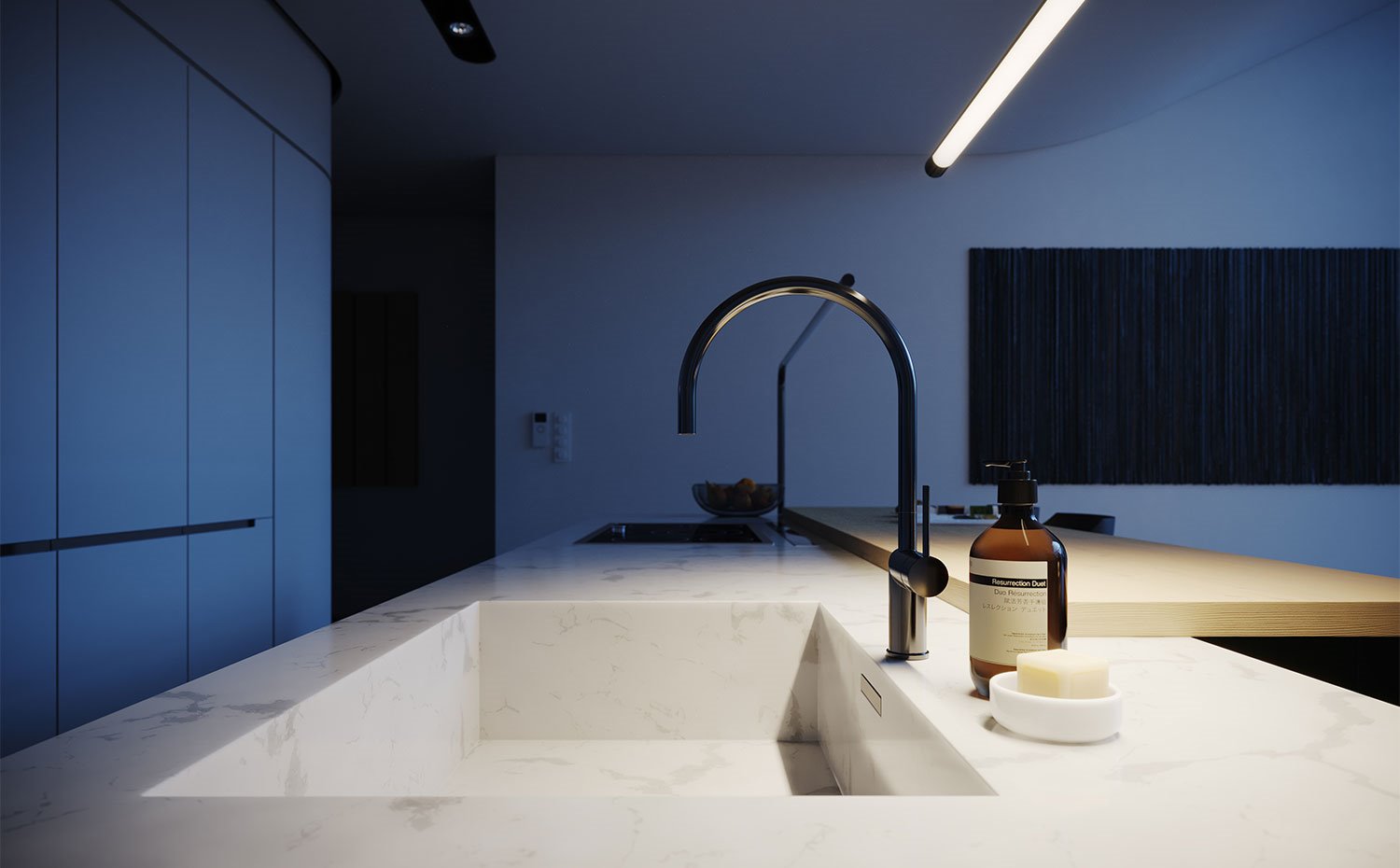 Vista nocturna de isla de trabajo de cocina con iluminación puntual con luminarias fluorescentes