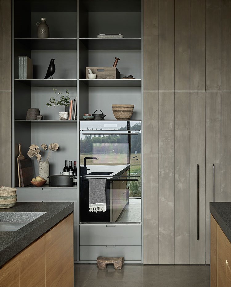 Columna de electrodomésticos junto a estantes decorativos en zona de cocina