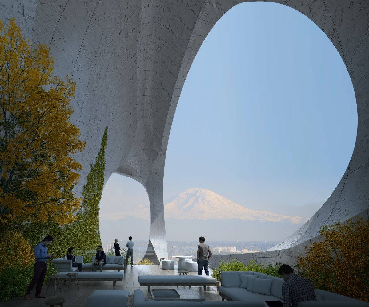 Desde este pulmón verde elevado y comunitario se puede ver el monte Rainier en todo su esplendor. 