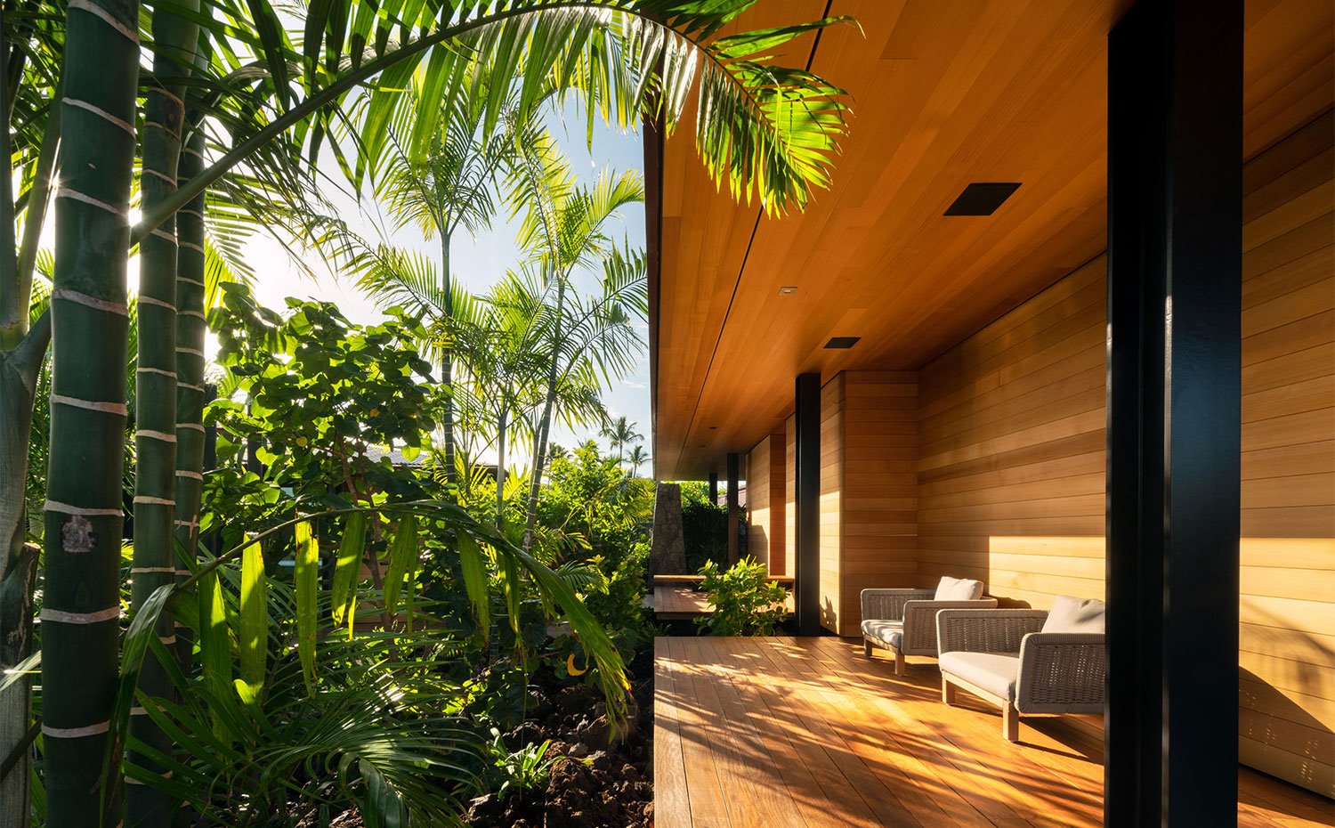 Terraza con mobiliario exterior junto a frondosa vegetación tropical