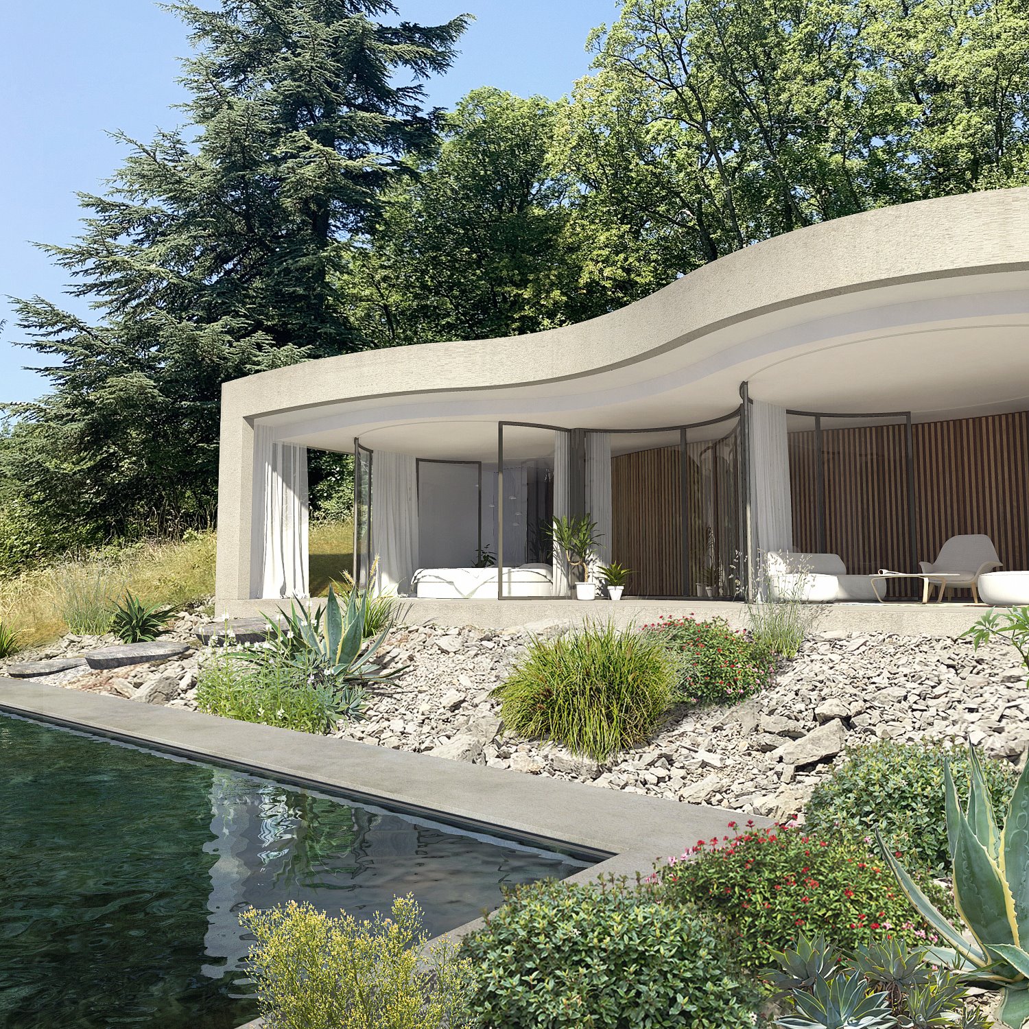 Exterior de la casa W con piscina y jardin de grava