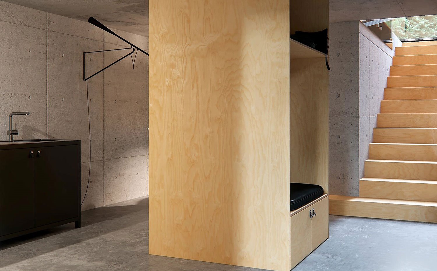 Estructura de madera dispuesta tras la zona de cocina y comedor y que enlaza con las escaleras, todo en acabado madera