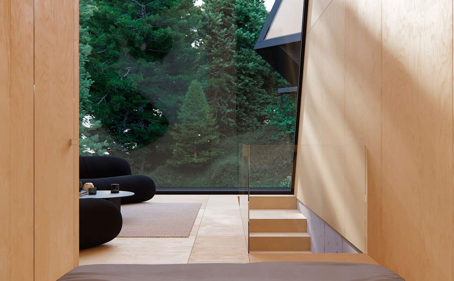 Gran cerramiento acristalada con paredes paneladas en madera, suelo de madera, sofás en negro y barandilla de escalera en cristal transparente
