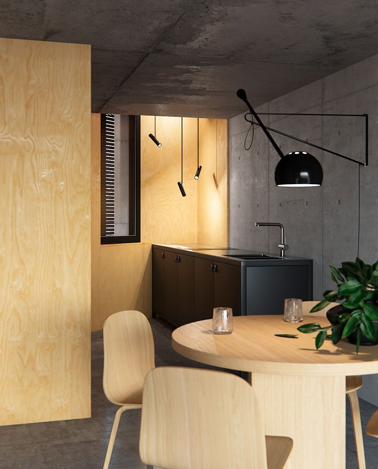 Mesa circular de comedor con aplique negro dirigido al comedor, mobiliario de cocina en acabado madera y negro