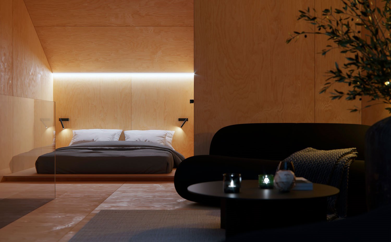 Zona de estar junto a dormitorio con estructura de cama baja en madera, paredes revestidas de paneles de madera y apliques en negro
