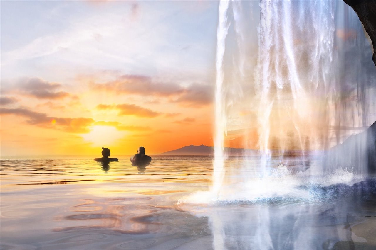 Recreación virtual de la puesta de sol junto a la cascada de la que brotan las aguas termales de Sky Lagoon.