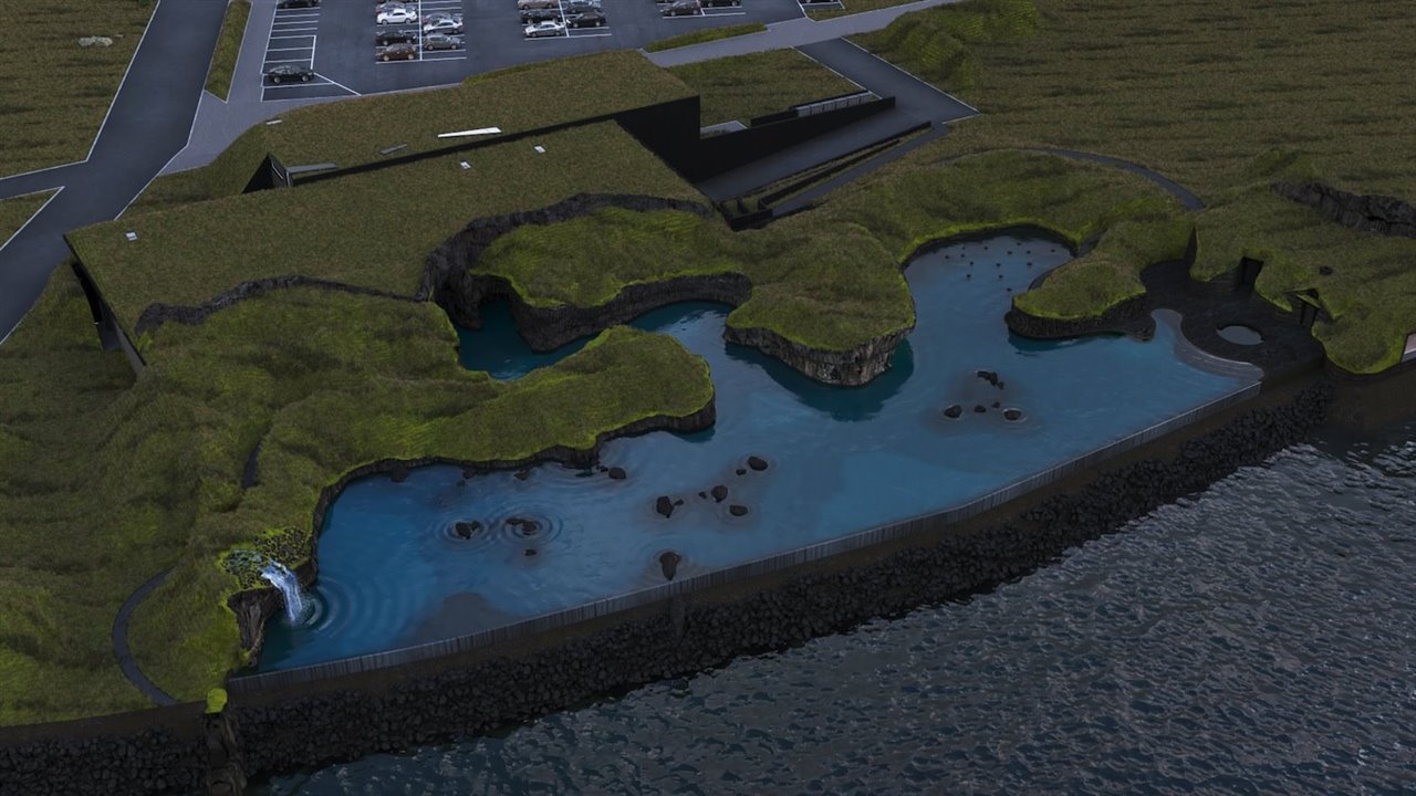 Recreación virtual del complejo Sky Lagoon a vista de pájaro.