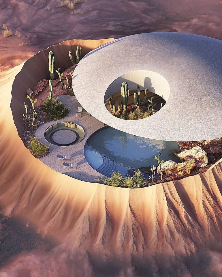 Recreación virtual de la vista aérea que podría tener la "Casa del cráter".