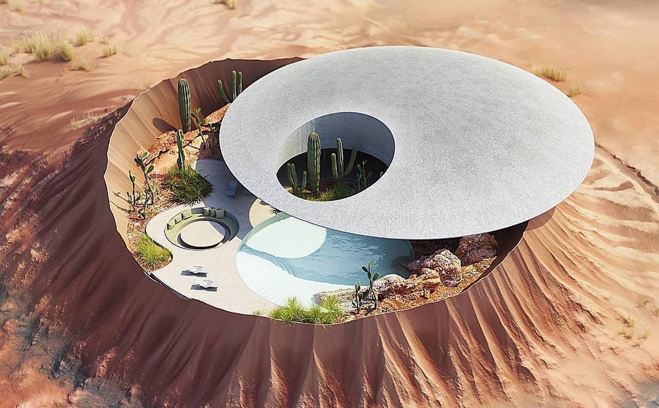 Recreación virtual de la "Casa del cráter" que ha diseñado Amey Kandalgaonkar pensando en Elon Musk como hipotético cliente…
