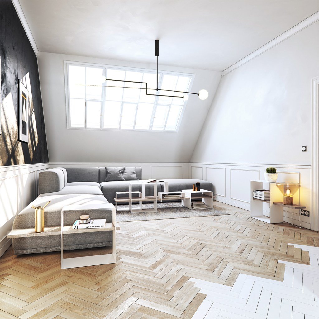 Buhardilla con pared y lucernario y parquet de espiga