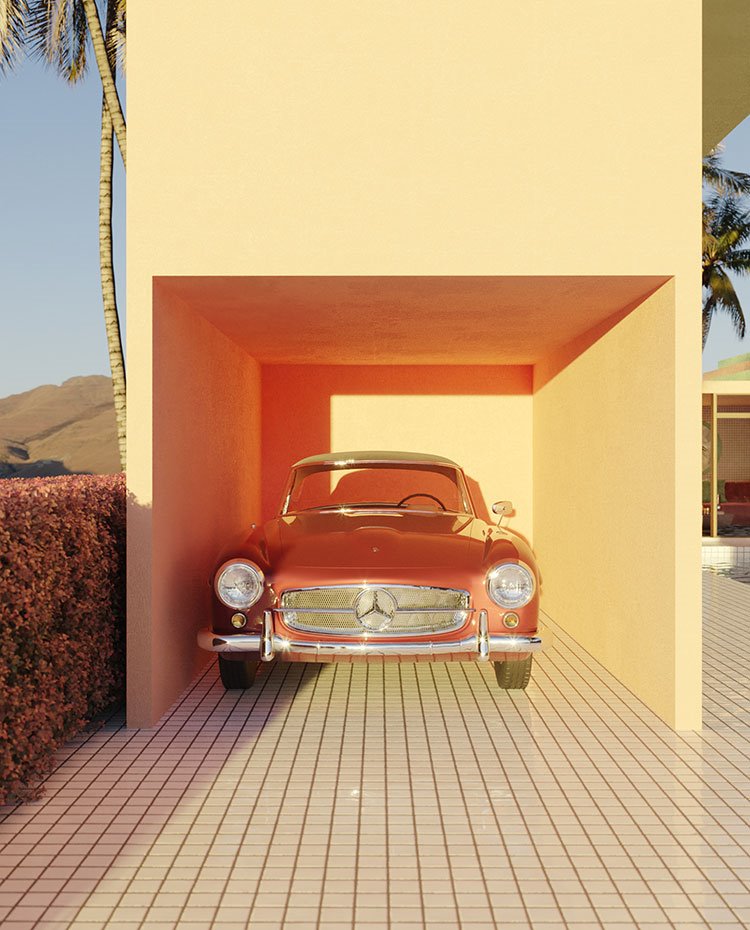 Garage con coche vintage y pavimento de azulejos pequeños