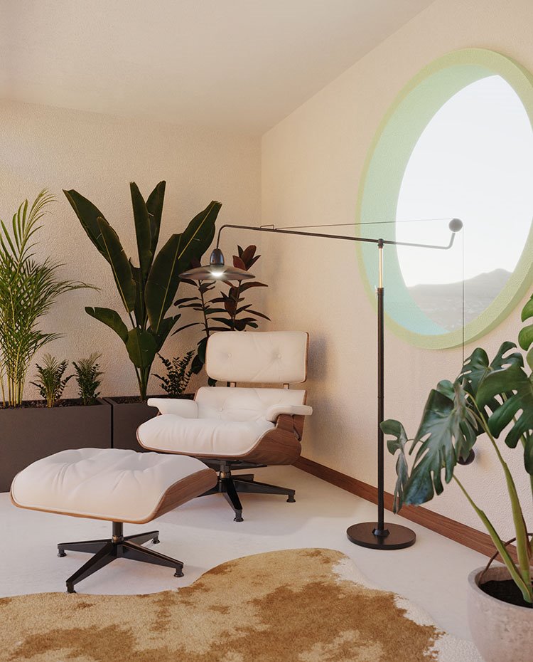 Interior con ventana circular y sillas Eames y plantas