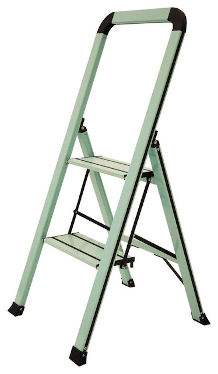 Escalera metalica plegable de color verde turquesa. La escalera metálica