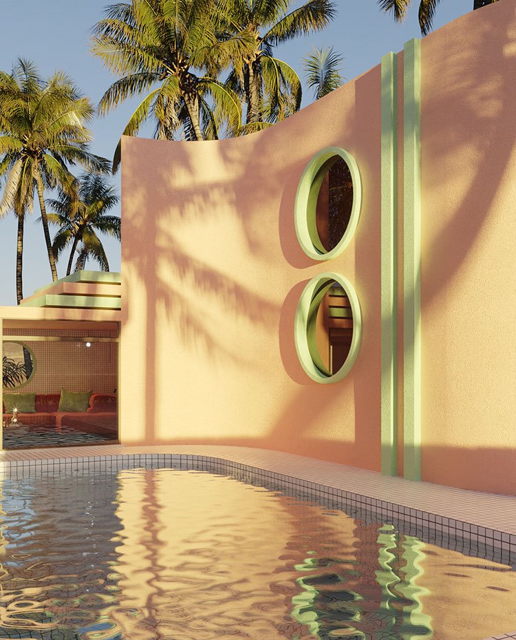 Render 3d de una casa con paredes rosas y piscina 2