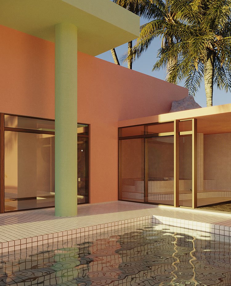 Render 3d de una casa con paredes rosas y piscina 3