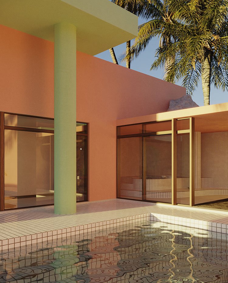 Render 3d de una casa con paredes rosas y piscina 3