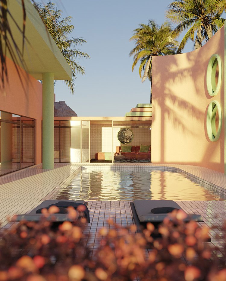 Render 3d de una casa con paredes rosas y piscina