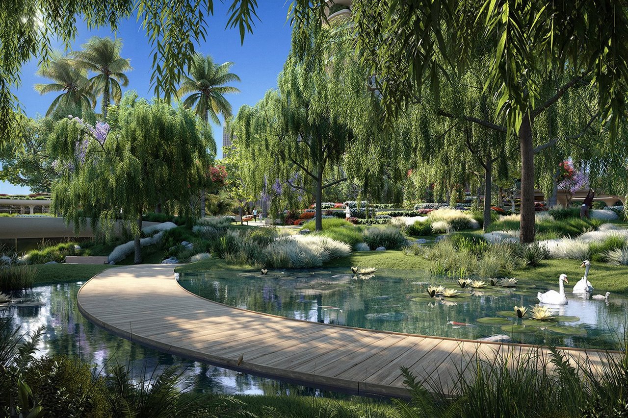 El paisajismo, firmado por el estudio RIOS, incluye nueve jardines diferentes, estanques y dos senderos de 1,5 kilómetros que separan las zonas públicas y privadas.