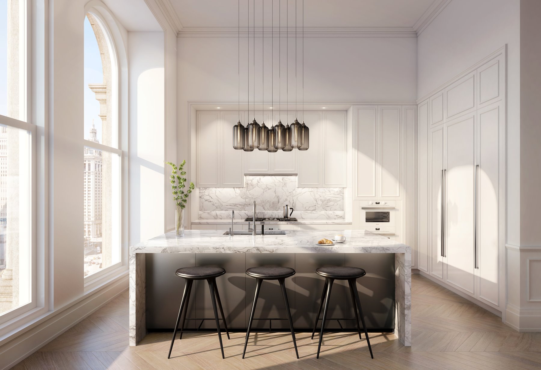 Cocina con taburetes de la Casa de Nicole Kidman y Keith Urban en el  108 de Leonard st en Nueva York