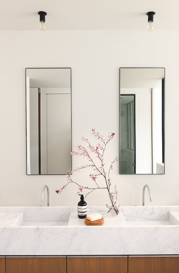 Baño con dos espejos y planta con petalos de color rosa