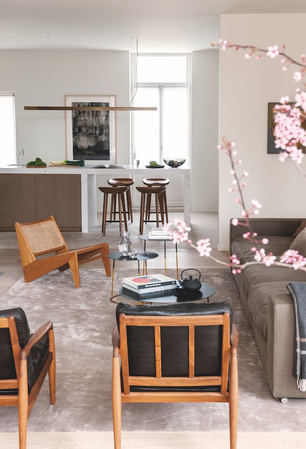 Salon con sofas de piel y vistas de la cocina