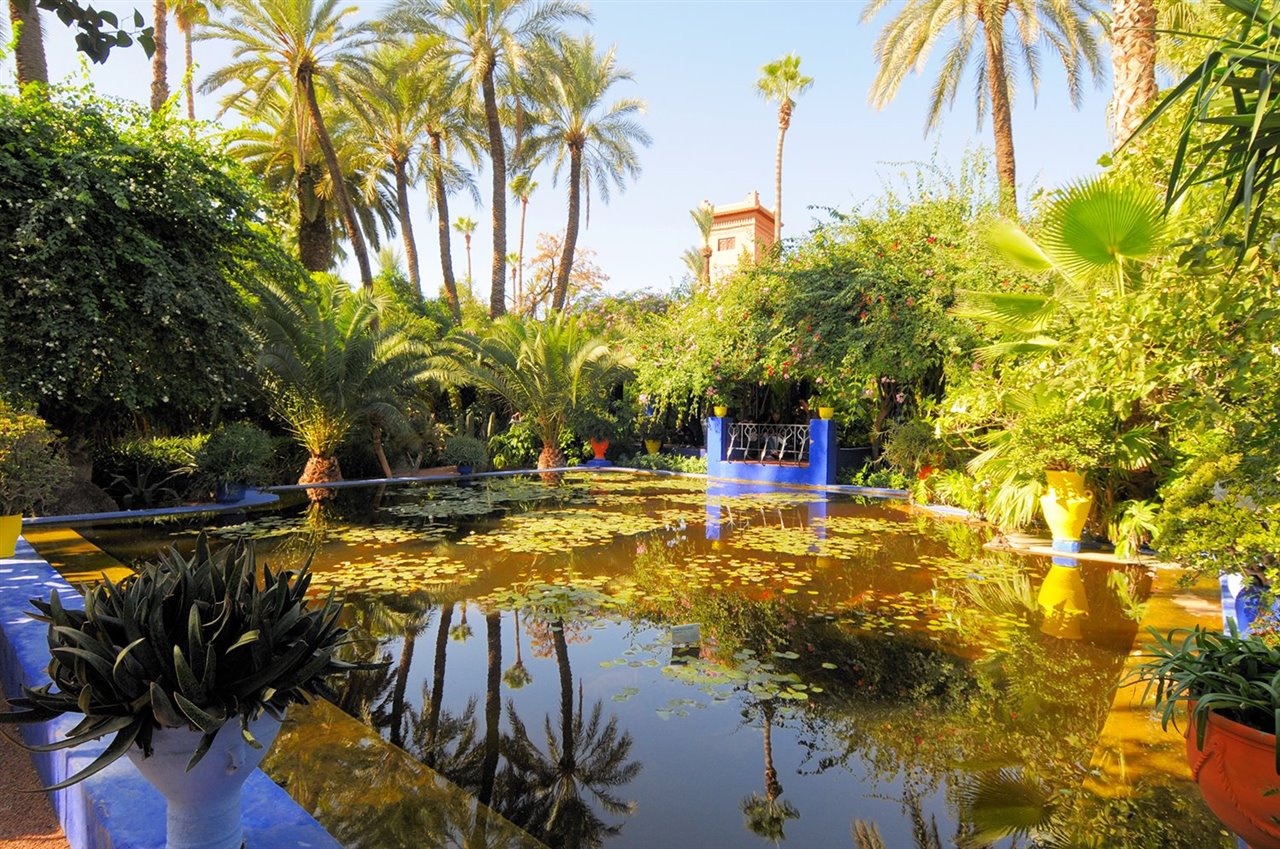 Los jardines ofrecen un refugio de tranquilidad frente al caos bullicioso de la vecina medina de Marrakech.