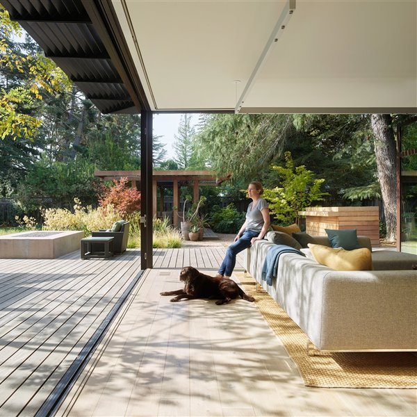 Salon abierto mujer con perro jardin