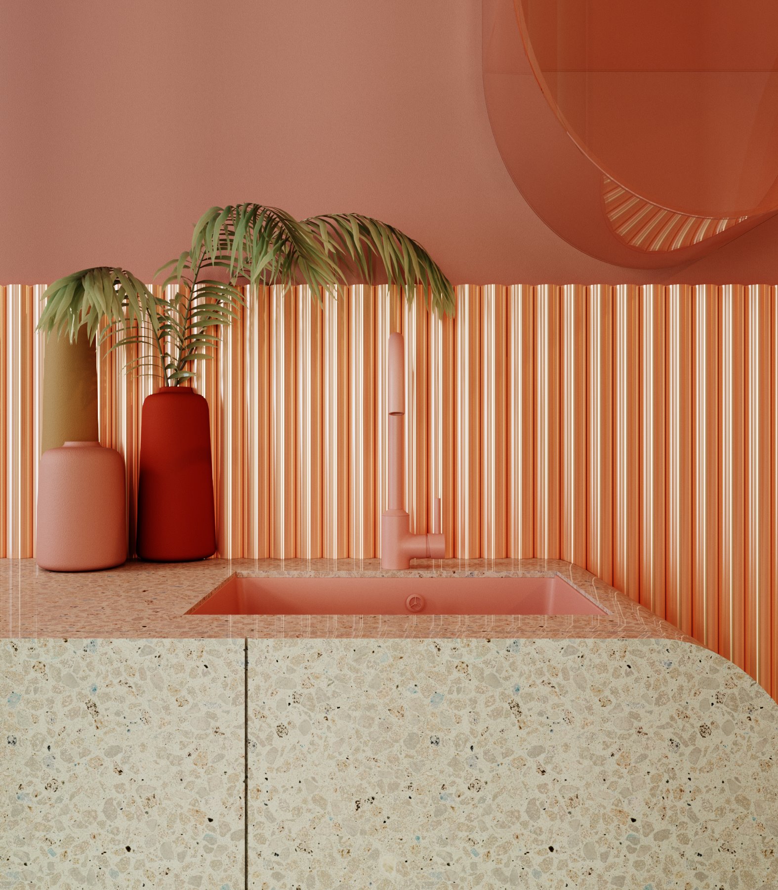 Cocina con fregadero de piedra y grifo de color rosa