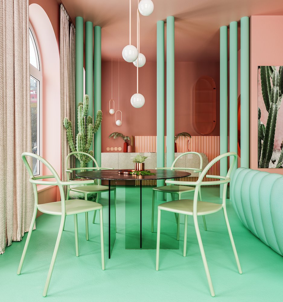 Comedor con mesa redonda de cristal y sillas de color verde