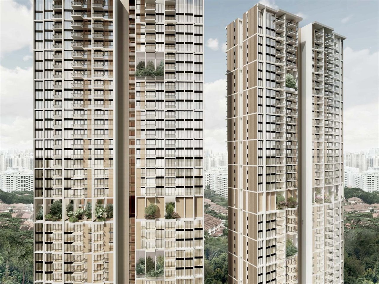 la fachada que da al Corredor Ferroviario en Avenue South Residences exhibe un espacio verde de juego vertical al aire libre con plantas trepadoras.