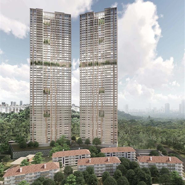 Las torres forman un espacio comunitario inclusivo similar a un oasis rodeado de árboles.