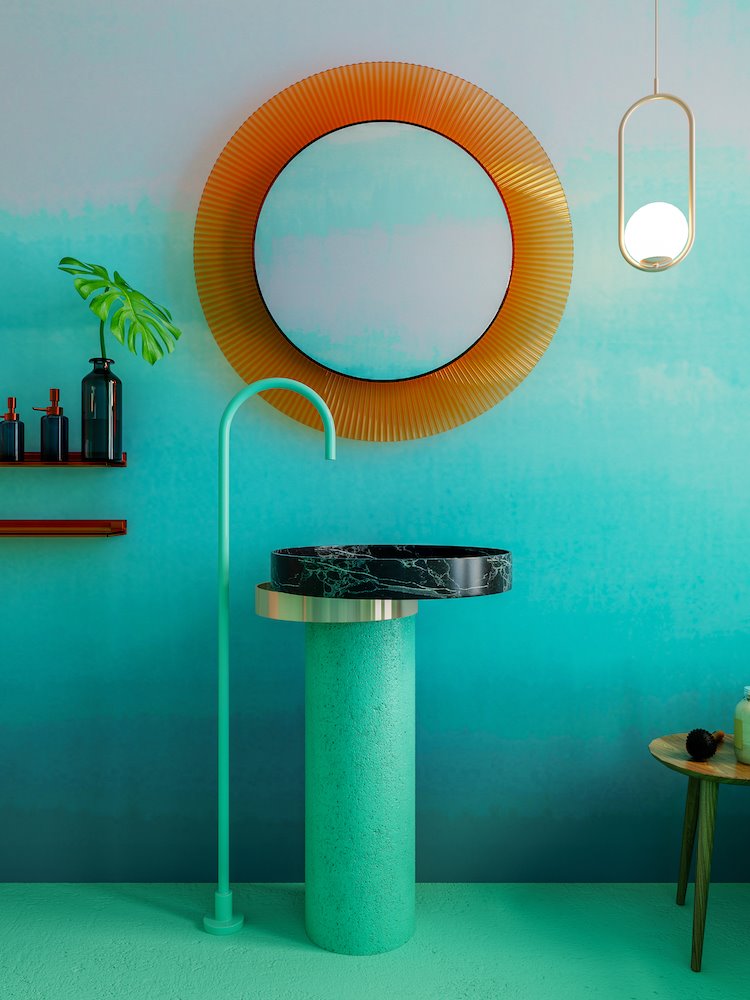 Lavabo con lavamanos de pie y espejo redondo