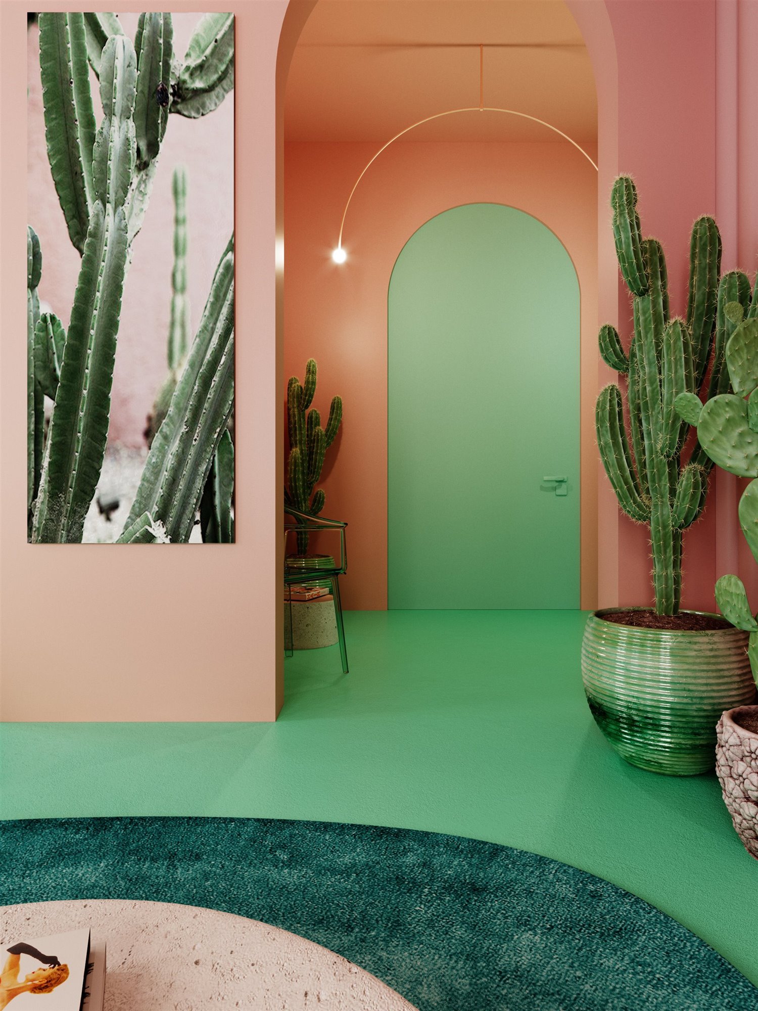 Recibidor con pared con arco y cactus en la entrada
