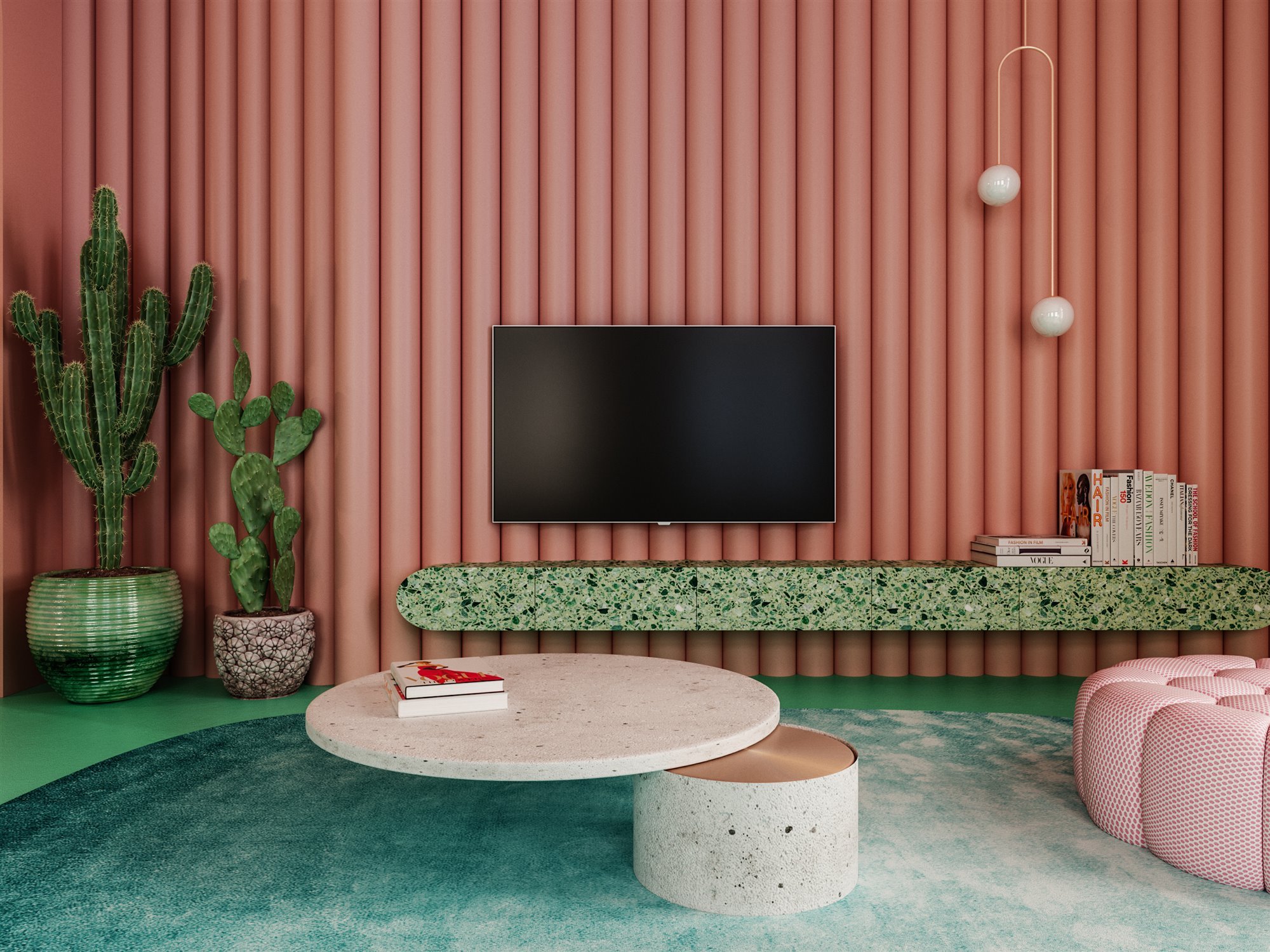 Salon con muebles de terrazo y cactus