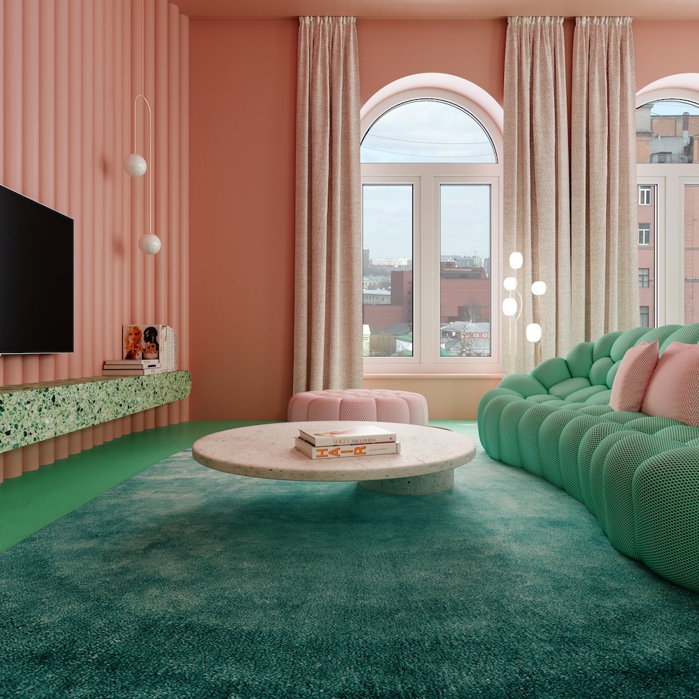 Salon con sofa verdes y mesita de terrazo