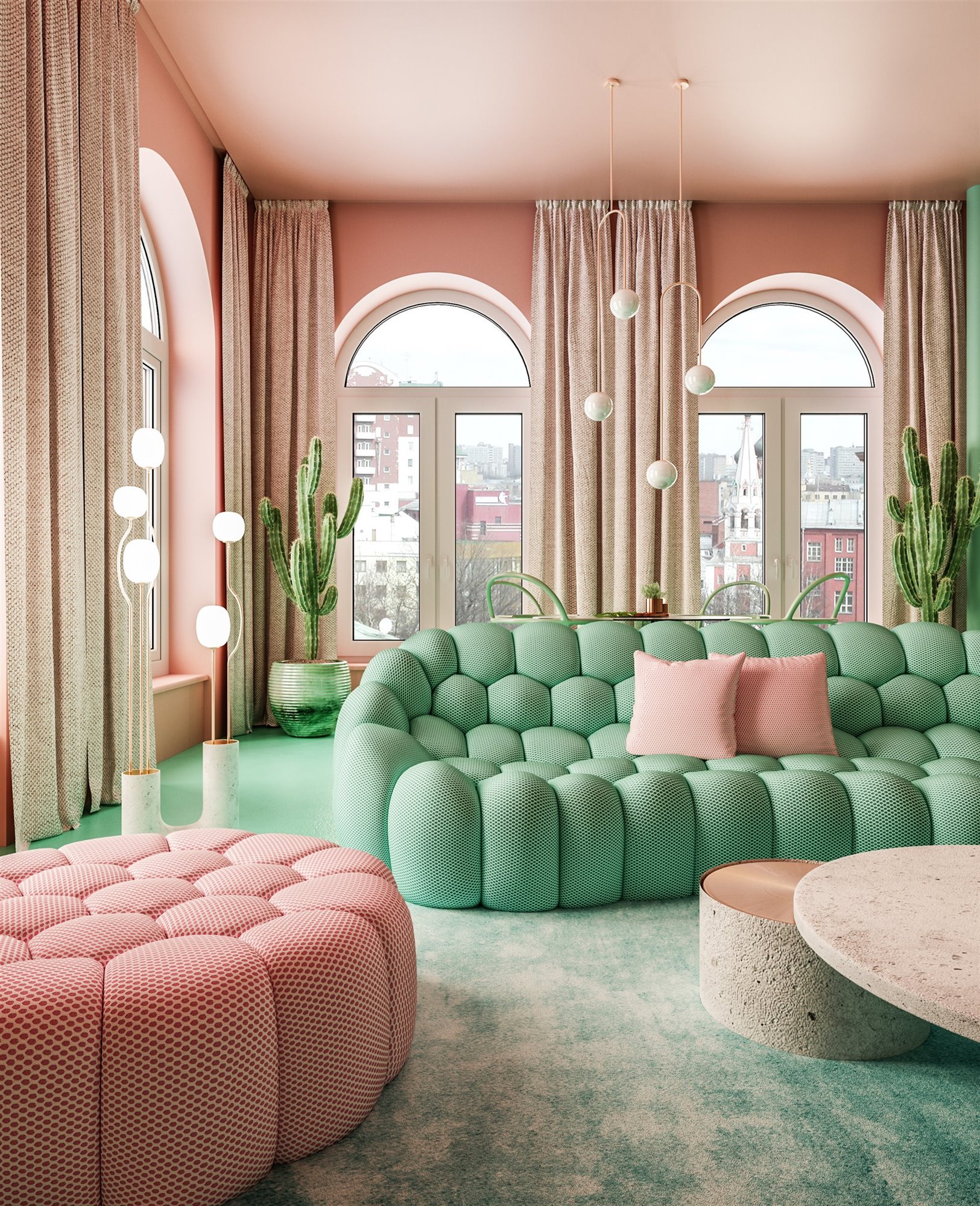 Salonc con sofá de color verde y puf de color rosa