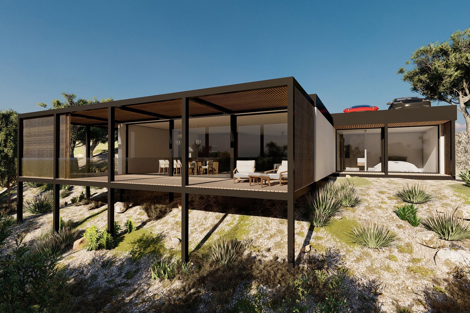 Una casa prefabricada moderna de y hierro en la ladera de una montaña