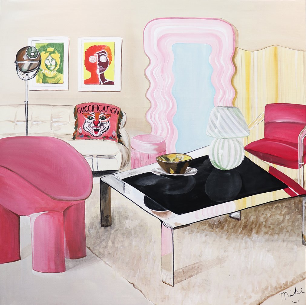 Cuadro con silla rosa Roly Poly obra de la japonesa Miki Matsuyama