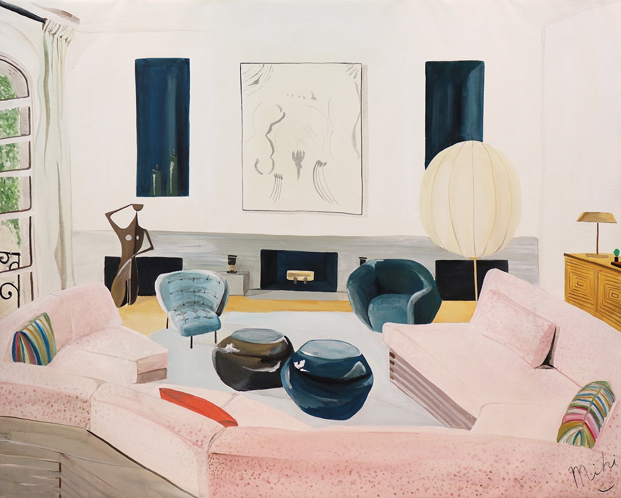 Cuadro de un salon son sofa rosa obra de la japonesa Miki Matsuyama