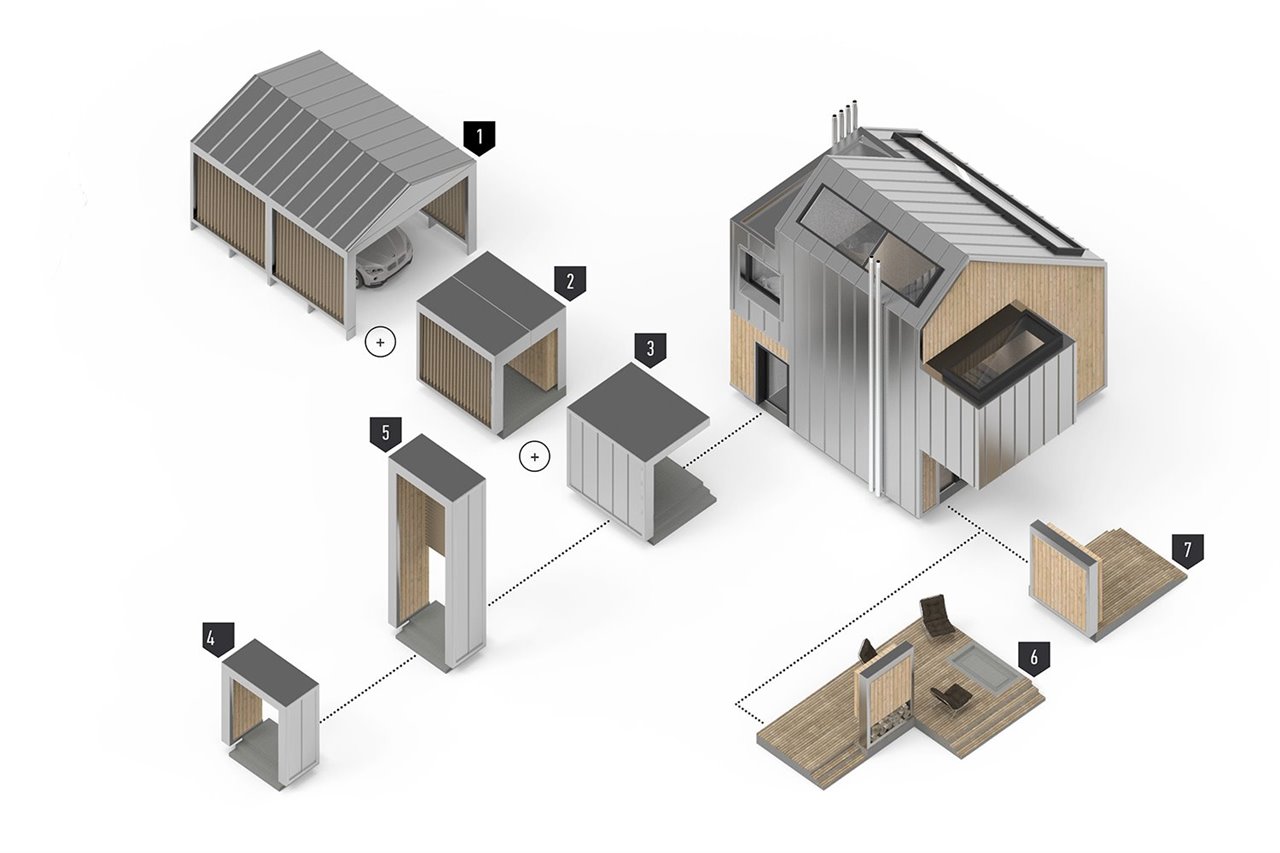 La modularidad también se extiende a los elementos exteriores: garaje, pérgola, galería, entrada y terraza.