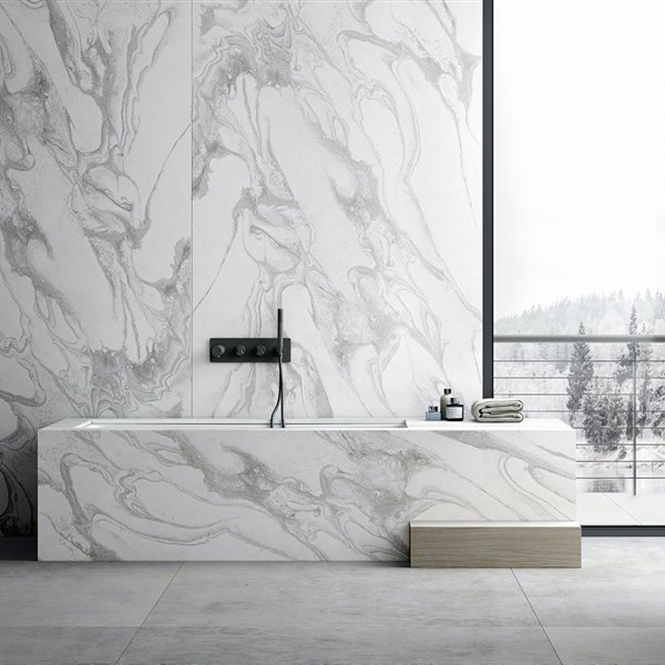 Revestimiento Dekton Liquid Sky aplicado en el baño.