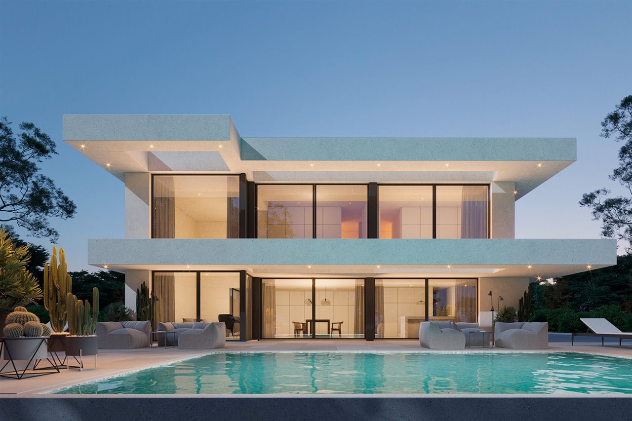 El modelo Denia es el primero que levantará la firma valenciana en Estados Unidos. Se trata de una casa que destaca por los amplios voladizos, que aportan rotundidad a la fachada acristalada.