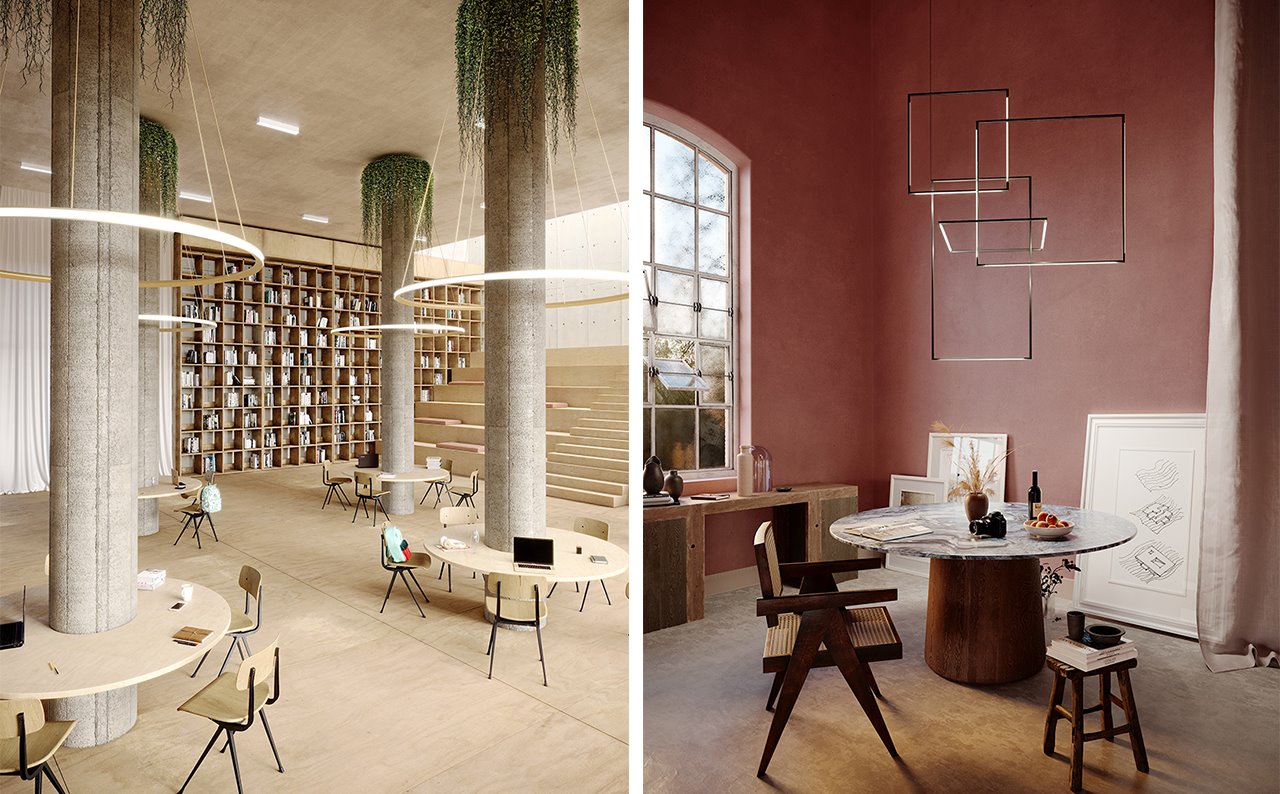 Los modelos Circular, de Benedito Design y Tubs Modular, de Nahtrang Disseny, se han instalado en una librería de Tokyo y en un interior doméstico con paredes de color rojo.