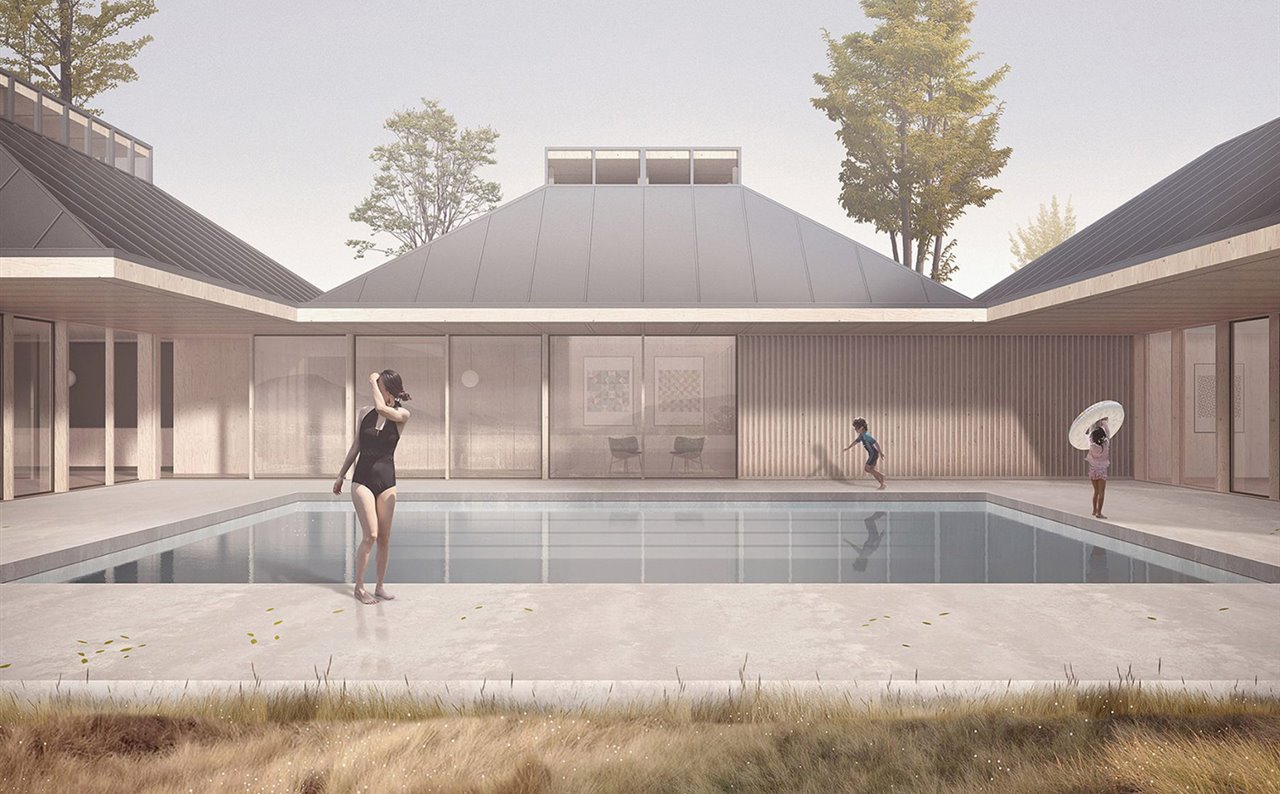 Beach House es la versión de casa modular dispuesta alrededor de un patio o piscina central.