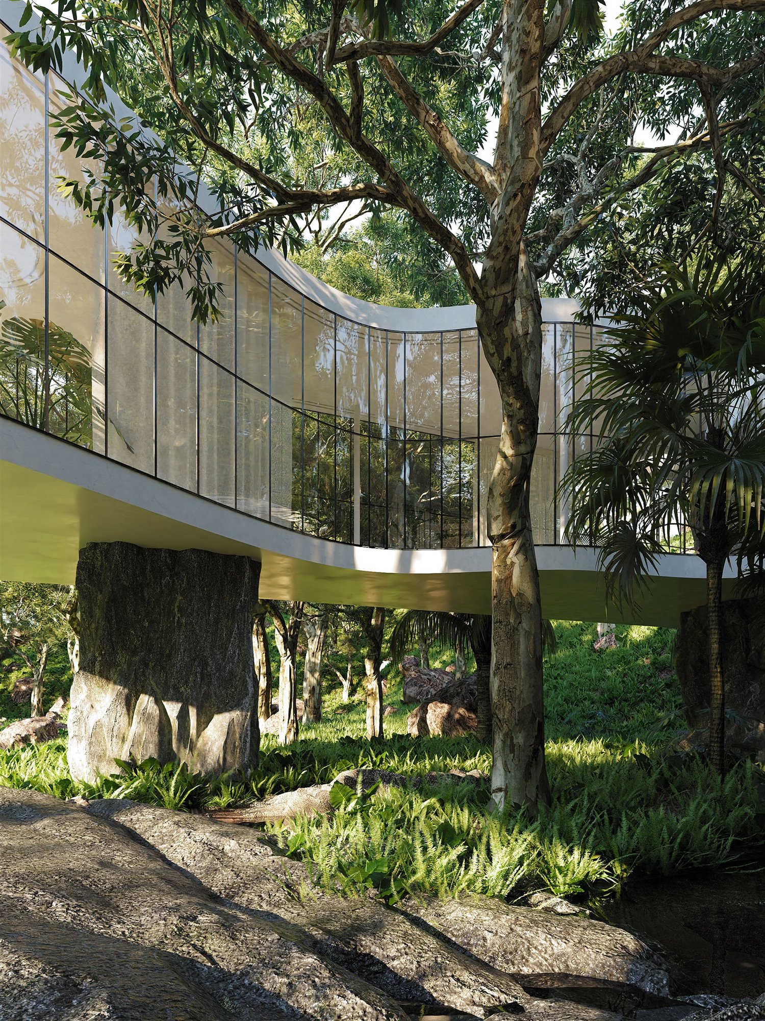 Casa moderna con paredes de cristal y fachada ondulada