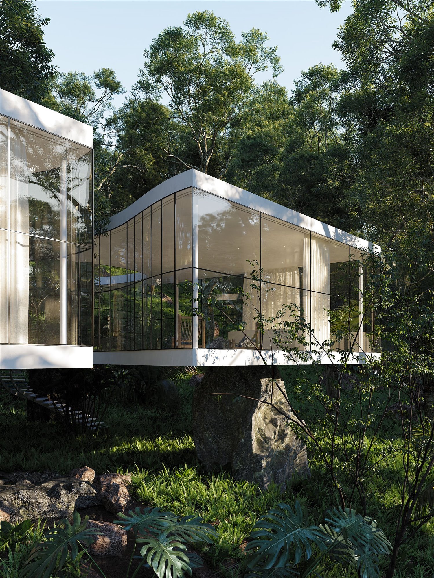 Casa moderna en mitad del campo con paredes de cristal