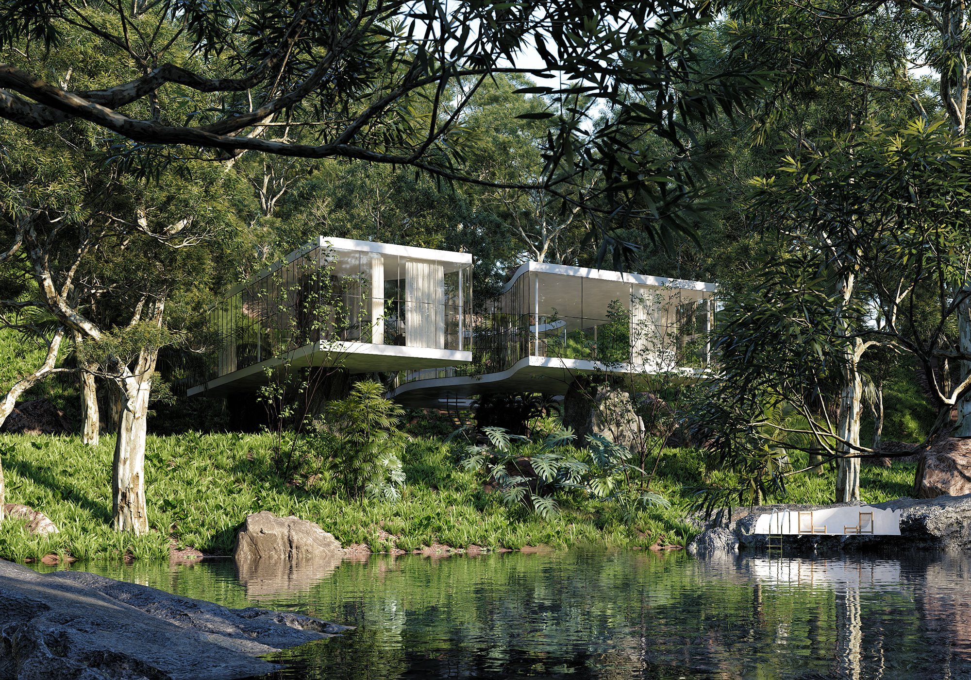 Casa moderna junto a un lago con paredes de cristal