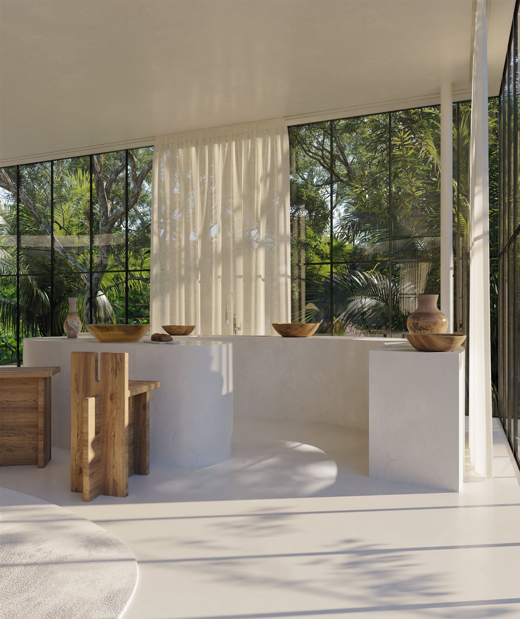 Cocina en isla con taburetes de madera de una casa en mitad del campo