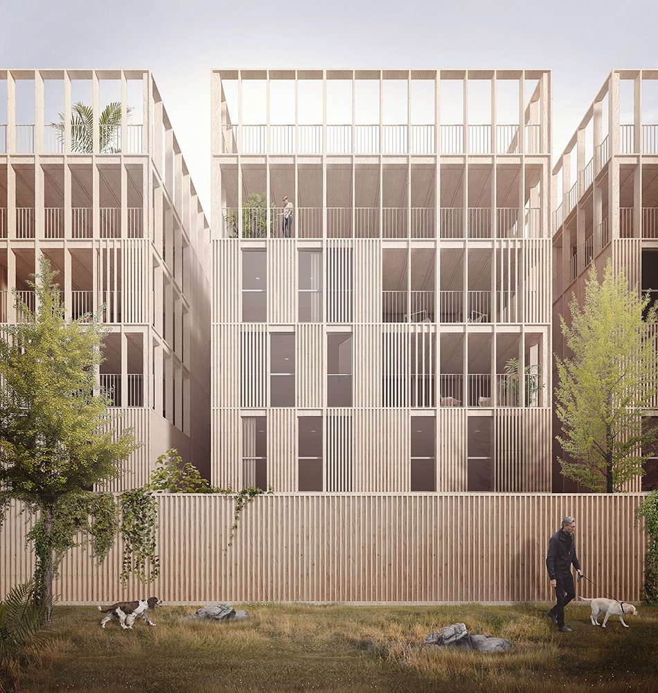 Con la variante Stack House se pueden crear edificios de apartamentos de varios pisos, todos ellos con amplias zonas exteriores y protegidos del sol con lamas verticales.