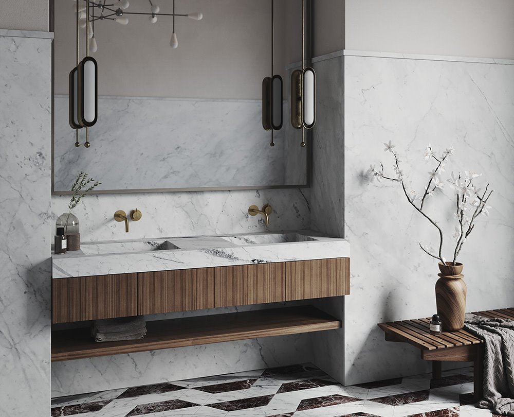 Baño con mueble de madera empotrado y banco